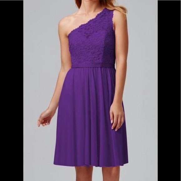 Davids Bridal One Shoulder Dress Lace Corded Short Bridesmaid New Purple Size 12 - Picture 1 of 13